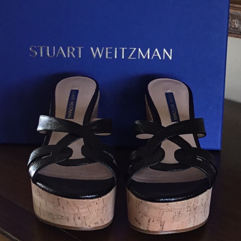 Stuart Weitzman 6.5M Black Wedge Sandals. NIB.